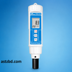 Lutron PDO-519 Dissolved Oxygen Meter front view showing LCD display, pen-type body, and probe housing