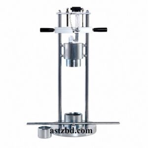 Aggregate Impact Value Testing Machine – AIV apparatus with 13.5 kg hammer, vertical guide columns, blow counter, cylindrical steel cup, and tamping rod for coarse aggregate toughness testing