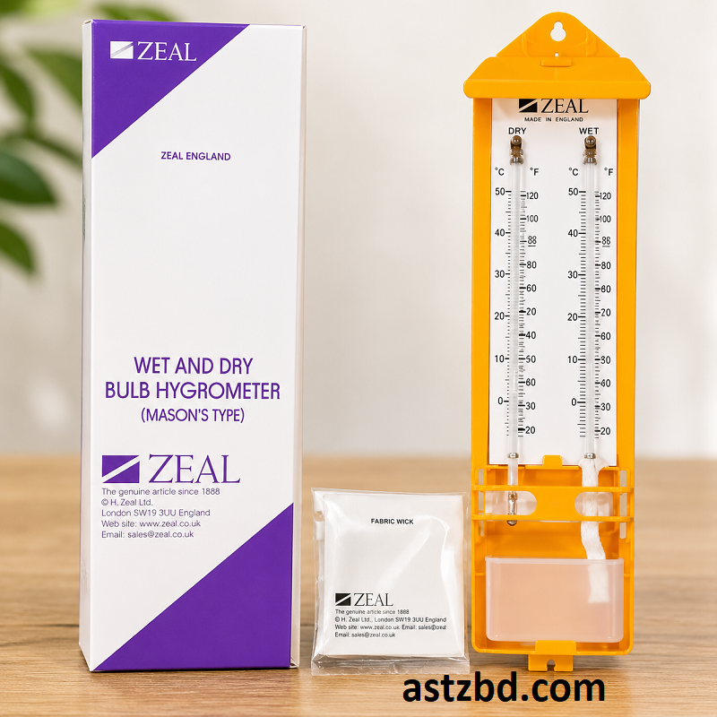 Close-up of the Hygrometer Thermometer Wet and Dry Bulb scale showing temperature graduation marks and the printed relative humidity lookup table
