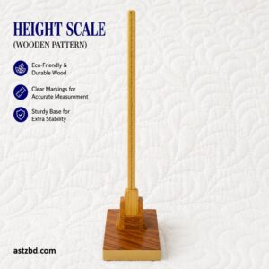 Wooden Height Measurement Scale full view showing dual cm and inch markings with sliding headpiece — natural wood finish