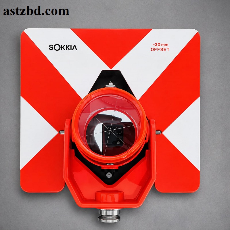 Front view of a Sokkia APS series big prism mounted on a tilting holder.