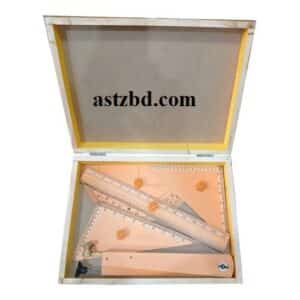 Wooden Geometry Box for Education containing compass, protractor, set squares, ruler, and divider tools arranged inside an open natural wood case