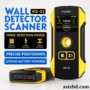 FNIRSI WD-02 wall detector front view showing HD TFT color display with signal strength bar and three detection mode icons