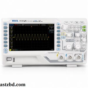 Rigol DS1102Z-E oscilloscope front panel showing 7-inch WVGA TFT color display with dual waveform traces, channel controls, and trigger section