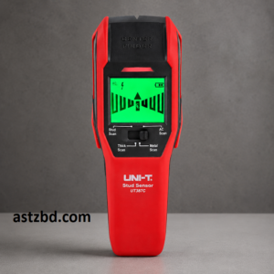 UNI-T UT387C Stud Sensor Wall Detector with AC Wire Detection held against a white wall