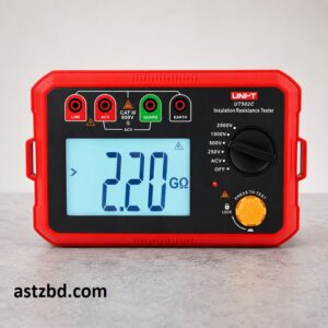 UNI-T UT502C Insulation Resistance Tester front view showing large backlit LCD display with rotary selector and test terminals
