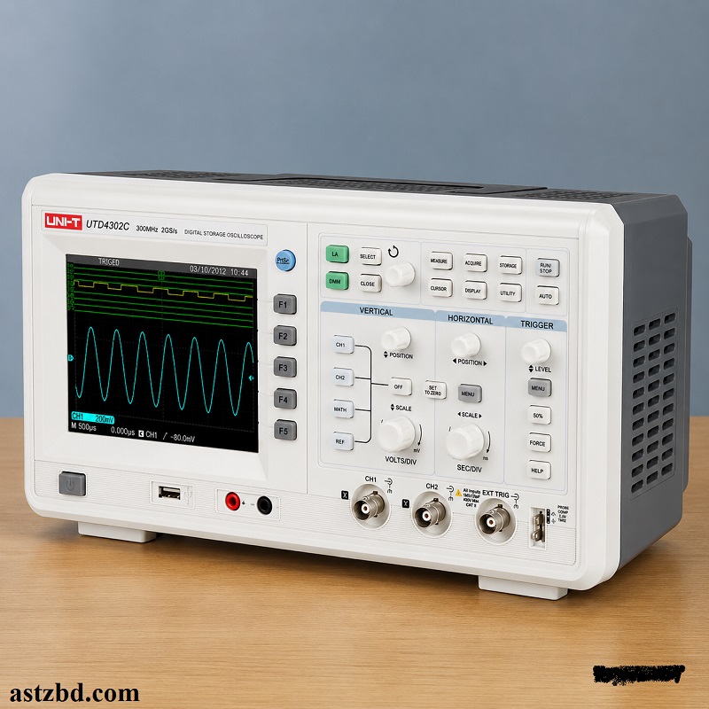 UNI-T UTD4302C 300MHz digital oscilloscope front view with 5.7-inch color LCD display