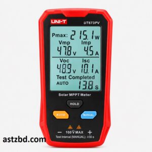 UNI-T UT673PV Solar MPPT Meter front view showing large color LCD display with Pmax, Voc, Isc readings