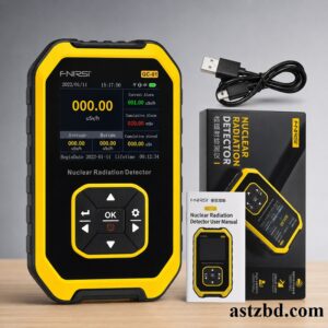 FNIRSI GC-01 Nuclear Radiation Detector showing LCD display and control buttons