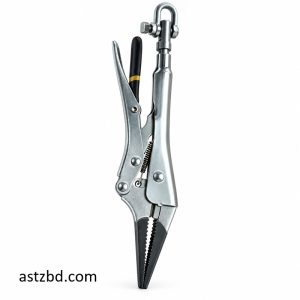 Upper long nose vise grip locking pliers front view with tapered jaws